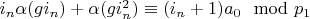 $i_n \alpha(g i_n)+\alpha(g i_n^2) \equiv (i_n+1) a_0 \mod p_1$