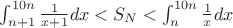 $\int_{n+1}^{10n}\frac{1}{x+1}dx<S_N<\int_{n}^{10n}\frac{1}{x} dx$