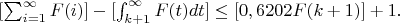 $[\sum_{i=1}^{\infty}{F(i)}]-[\int_{k+1}^{\infty}{F(t)dt}]\leq [0,6202F(k+1)]+1.$