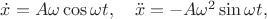 $\dot{x}=A\omega\cos\omega t,\quad\ddot{x}=-A\omega^2\sin\omega t,$