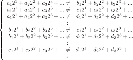$$\left\{
\begin{array}{rcl}
 a_1 2^1 + a_2 2^2 + a_3 2^3 + ...\ne& b_1 2^1 + b_2 2^2 + b_3 2^3 + ... \\
 a_1 2^1 + a_2 2^2 + a_3 2^3 + ...\ne& c_1 2^1 + c_2 2^2 + c_3 2^3 + ... \\
 a_1 2^1 + a_2 2^2 + a_3 2^3 + ...\ne& d_1 2^1 + d_2 2^2 + d_3 2^3 + ... \\
\colon\\
 b_1 2^1 + b_2 2^2 + b_3 2^3 + ...\ne& c_1 2^1 + c_2 2^2 + c_3 2^3 + ... \\
 b_1 2^1 + b_2 2^2 + b_3 2^3 + ...\ne& d_1 2^1 + d_2 2^2 + d_3 2^3 + ... \\
\colon\\
 c_1 2^1 + c_2 2^2 + c_3 2^3 + ...\ne& d_1 2^1 + d_2 2^2 + d_3 2^3 + ... \\
\colon\\
\end{array}
\right.$$