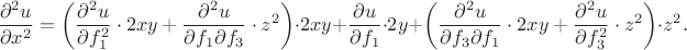 $$\frac{\partial^2u}{\partial x^2}=\left(\frac{\partial^2u}{\partial f_1^2}\cdot 2xy+\frac{\partial^2u}{\partial f_1\partial f_3}\cdot z^2\right)\cdot 2xy+\frac{\partial u}{\partial f_1}\cdot 2y+\left(\frac{\partial^2u}{\partial f_3\partial f_1}\cdot 2xy+\frac{\partial^2u}{\partial f_3^2}\cdot z^2\right)\cdot z^2.$$