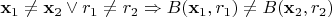 $\mathbf x_1 \ne \mathbf  x_2\vee r_1 \ne r_2 \Rightarrow B(\mathbf x_1, r_1) \ne B(\mathbf x_2, r_2)$