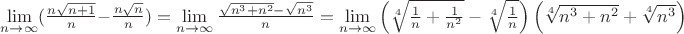 $\lim\limits_{n\to\infty}(\frac{n \sqrt{n+1}}{n}-\frac{n\sqrt{n}}{n})=\lim\limits_{n\to\infty} \frac{\sqrt{n^3+n^2}-\sqrt{n^3}}{n}=\lim\limits_{n\to\infty}\left(\sqrt[4]{\frac{1}{n}+\frac{1}{n^2}}-\sqrt[4]{\frac{1}{n}}\right)\left(\sqrt[4]{n^3+n^2}+\sqrt[4]{n^3}\right)$