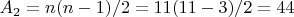 $A_2 = n(n-1)/2 = 11(11-3)/2 = 44$