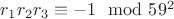 $r_1r_2r_3\equiv-1\mod 59^2$