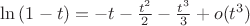 $\ln{(1-t)}=-t-\frac{t^2}{2}-\frac{t^3}{3}+o(t^3)$