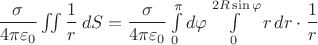 $\dfrac{\sigma}{4\pi\varepsilon_0}\iint\dfrac{1}{r}\,dS=\dfrac{\sigma}{4\pi\varepsilon_0}\int\limits_0^{\pi}d\varphi\int\limits_0^{2R\sin\varphi}r\,dr\cdot\dfrac{1}{r}$