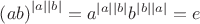 $\left(ab\right)^{\left|a\right|\left|b\right|}=a^{\left|a\right|\left|b\right|}b^{\left|b\right|\left|a\right|}=e$