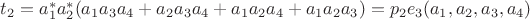 $t_2=a_1^* a_2^*(a_1 a_3 a_4+a_2 a_3 a_4+a_1 a_2 a_4+a_1 a_2 a_3)=p_2 e_3(a_1,a_2,a_3,a_4)$