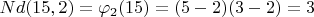 $Nd(15,2) = \varphi_2(15) = (5-2)(3-2)=3$