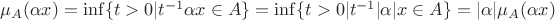 $\mu_A(\alpha x)=\inf \{t>0|t^{-1}\alpha x\in A\}=\inf \{t>0|t^{-1}|\alpha| x\in A\}=|\alpha|\mu_A(\alpha x)$