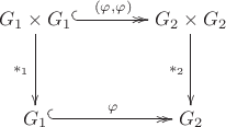 $$\xymatrix@=3pc{ G_1\times G_1 \ar@{^{(}->>}[r]^{(\varphi,\varphi)} \ar[d]_{*_1} & G_2\times G_2 \ar[d]_{*_2} \\ G_1 \ar@{^{(}->>}[r]^{\varphi} & G_2 }$$