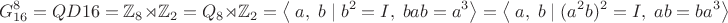 $$G_{16}^8=QD16=\mathbb{Z}_8\rtimes\mathbb{Z}_2=Q_8\rtimes\mathbb{Z}_2=\left\langle\;a,\;b\;|\;b^2=I,\;bab=a^3\right\rangle=\left\langle\;a,\;b\;|\;(a^2b)^2=I,\;ab=ba^3\right\rangle$$