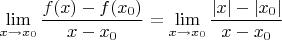 $$\lim_{x\to x_0}\frac{f(x)-f(x_0)}{x-x_0}=\lim_{x\to x_0}\frac{|x|-|x_0|}{x-x_0} $$