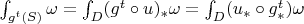 $\int_{g^t(S)}\omega=\int_D(g^t\circ u)_*\omega=\int_D (u_*\circ g^t_*)\omega$