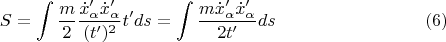 $$S = \int \frac{m}{2} \frac{\dot x'_\alpha \dot x'_\alpha}{(t')^2} t' ds = \int \frac{m \dot x'_\alpha \dot x'_\alpha}{2 t'} ds \eqno{(6)}$$