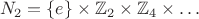 $$N_2=\{e\}\times\mathbb Z_2\times\mathbb Z_4\times\ldots$$
