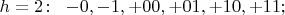 $h = 2\colon\;\; {-}0, -1, +00, +01, +10, +11;$