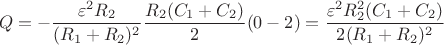 $$Q= -\frac{\varepsilon^2 R_2}{(R_1+R_2)^2} \frac{R_2(C_1+C_2)}{2}(0-2) = \frac{\varepsilon^2 R_2^2 (C_1+C_2)}{2(R_1+R_2)^2}$$