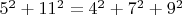 $5^2 + 11^2 = 4^2 + 7^2 + 9^2$