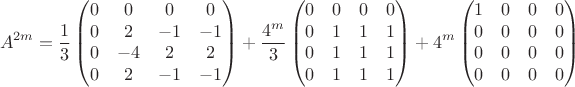 $$A^{2m}=\frac 1 3\begin{pmatrix}
0&0&0&0\\
0&2&-1&-1\\
0&-4&2&2\\
0&2&-1&-1\\
\end{pmatrix}+\frac{4^m}3\begin{pmatrix}
0&0&0&0\\
0&1&1&1\\
0&1&1&1\\
0&1&1&1\\
\end{pmatrix}+4^m\begin{pmatrix}
1&0&0&0\\
0&0&0&0\\
0&0&0&0\\
0&0&0&0\\
\end{pmatrix}$$