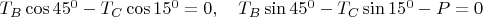 $T_{B}\cos45^{0}-T_{C}\cos15^{0}=0,\quad 
T_{B}\sin45^{0}-T_{C}\sin15^{0}-P=0$