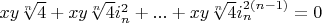 $x y \sqrt[n]{4}+x y \sqrt[n]{4} i_n^2+...+x y \sqrt[n]{4} i_n^{2 (n-1)}=0$