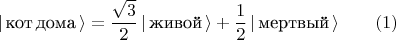 $$| \, \text{кот} \, \text{дома} \, \rangle = \frac{\sqrt{3}}{2} \, | \, \text{живой} \, \rangle + \frac{1}{2} \, | \, \text{мертвый} \, \rangle \qquad (1)$$