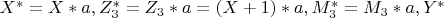 $X^*=X*a, Z_3^*=Z_3*a=(X+1)*a, M_3^*=M_3*a, Y^*$