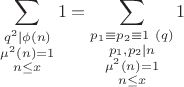 $$\sum_{\substack{q^2|\phi(n) \\ \mu^2(n)=1 \\ n\le x }} 1= \sum_{\substack{p_1\equiv p_2 \equiv1 ~(q) \\ p_1,p_2|n \\ \mu^2(n)=1 \\ n\le x }}1$$