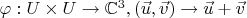 $ \varphi : U \times U \to  \mathbb C^3 , ( \vec{u} , \vec{v})  \to \vec{u} + \vec{v}$