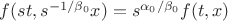 $f(s t, s^{-1/\beta_0} x) = s^{\alpha_0/\beta_0} f(t,x)$