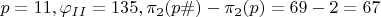$p=11, \varphi_{II}=135, \pi_2(p\#)-\pi_2(p)=69-2=67$