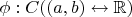 $\phi:C((a,b)\leftrightarrow\mathbb{R})$