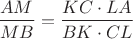 $$\frac{AM}{MB}=\frac{KC\cdot LA}{BK\cdot CL}$$