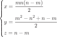 $$\begin{cases}x=\dfrac{mn(n-m)}2\\[2ex]y=\dfrac{m^2-n^2+n-m}2\\[1.2ex]z=n-m\end{cases}$$