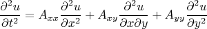 $$
\frac{{\partial ^2 u}}
{{\partial t^2 }} = A_{xx} \frac{{\partial ^2 u}}
{{\partial x^2 }} + A_{xy} \frac{{\partial ^2 u}}
{{\partial x\partial y}} + A_{yy} \frac{{\partial ^2 u}}
{{\partial y^2 }}
$$
