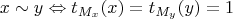 $$x\sim y \Leftrightarrow t_{M_x}(x)=t_{M_y}(y)=1$$