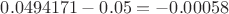 $0.0494171 - 0.05 = -0.00058$