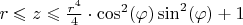 $r \leqslant z \leqslant \frac{r^4}{4} \cdot  \cos^2(\varphi) \sin^2(\varphi) + 1$