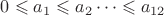 $0 \leqslant a_1 \leqslant a_2 \dots \leqslant a_{12}$