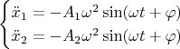 $$
\begin{cases}
\ddot{x}_1=-A_1\omega^2\sin(\omega t+\varphi)\\
\ddot{x}_2=-A_2\omega^2\sin(\omega t+\varphi)
\end{cases}
$$