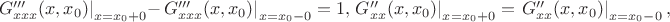 $ \left.G'''_{xxx}(x,x_0)\right|_{x=x_0+0}-\left.G'''_{xxx}(x,x_0)\right|_{x=x_0-0}=1,
\left.G''_{xx}(x,x_0)\right|_{x=x_0+0}=\left.G''_{xx}(x,x_0)\right|_{x=x_0-0},
$