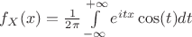 $f_X(x)=\frac{1}{2\pi}\int\limits_{-\infty}^{+\infty}e^{itx}\cos(t)dt$