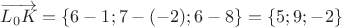 $\overrightarrow{L_0K}=\lbrace6-1;7-(-2);6-8\rbrace=\lbrace5;9;-2\rbrace$
