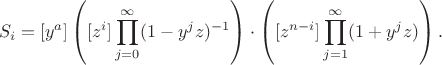 $$S_i = [y^a] \left([z^i] \prod_{j=0}^{\infty} (1 - y^j z)^{-1}\right) \cdot \left( [z^{n-i}] \prod_{j=1}^{\infty} (1 + y^j z)\right).$$