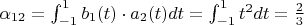 $\alpha_{12}=\int_{-1}^1 b_1(t)\cdot a_2(t) dt=\int_{-1}^1 t^2dt=\frac23$