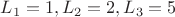 $L_1=1, L_2=2, L_3=5$