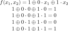 $$
\begin{array}{c}
f(x_1, x_2) = 1 \oplus 0 \cdot x_1 \oplus 1 \cdot x_2\\
1 \oplus 0 \cdot 0 \oplus 1 \cdot 0 = 1 \\
1 \oplus 0 \cdot 0 \oplus 1 \cdot 1 = 0 \\
1 \oplus 0 \cdot 1 \oplus 1 \cdot 0 = 0 \\
1 \oplus 0 \cdot 1 \oplus 1 \cdot 1 = 1 \\
\end{array} $$